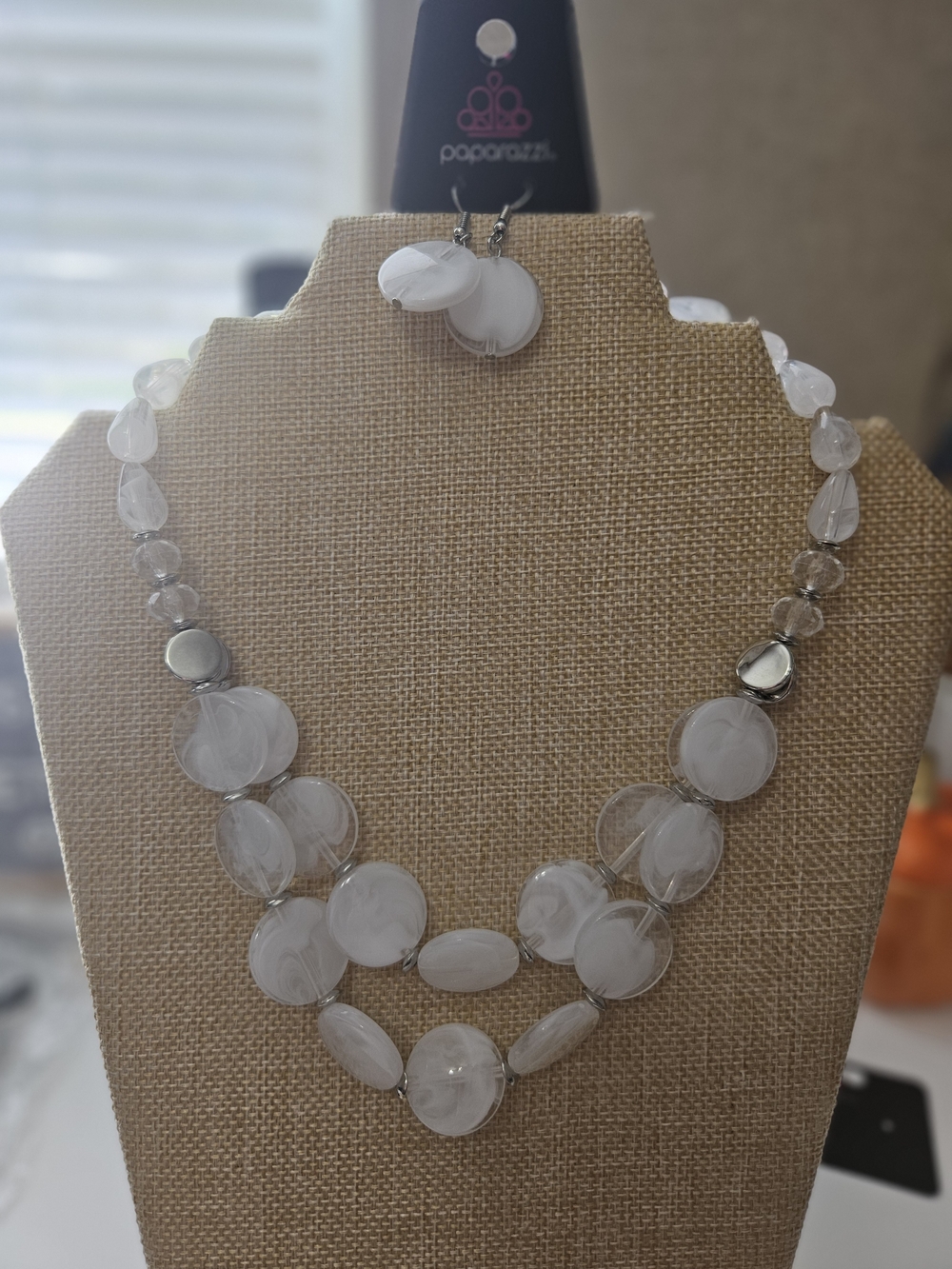 paparazzi White Double-Strand Disc Necklace with Matching Drops